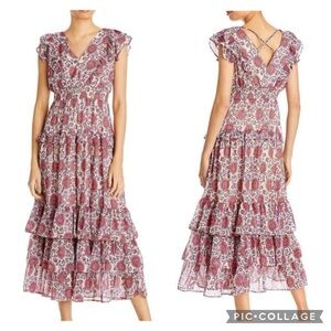 Aqua metallic ruffle tiered romantic midi dress size small